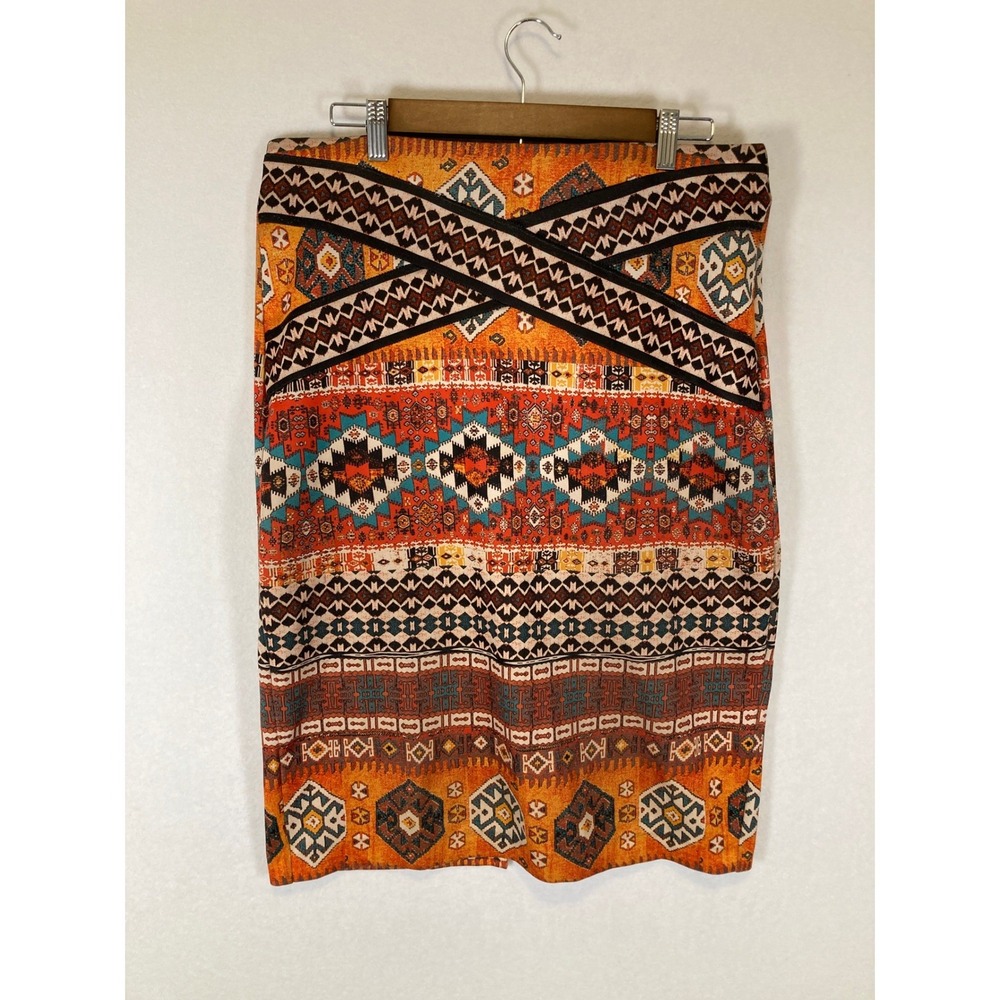 Boho Southwestern ECI New York Women L Orange Geometric Crisscross Pencil‎ Skirt